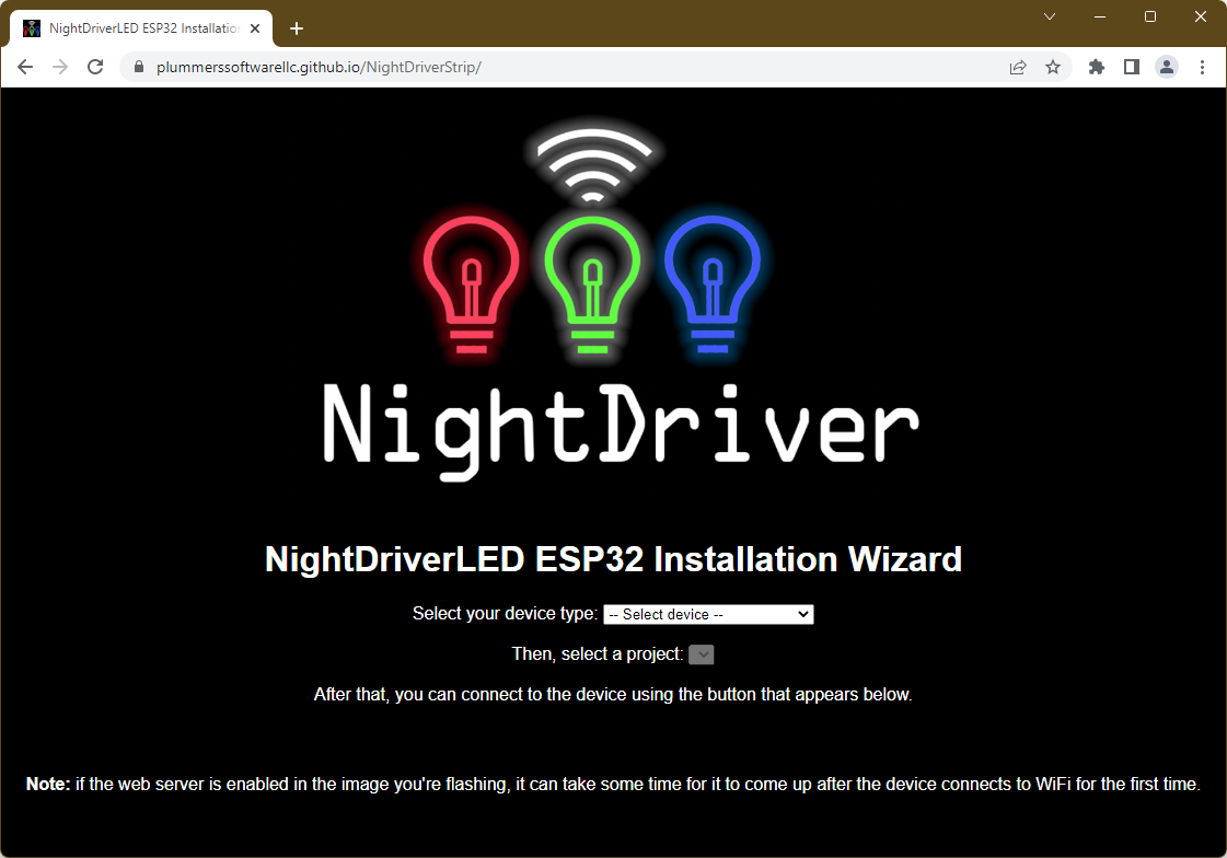 The NightDriverStrip web installer showing the device and project selection dropdowns before flashing.