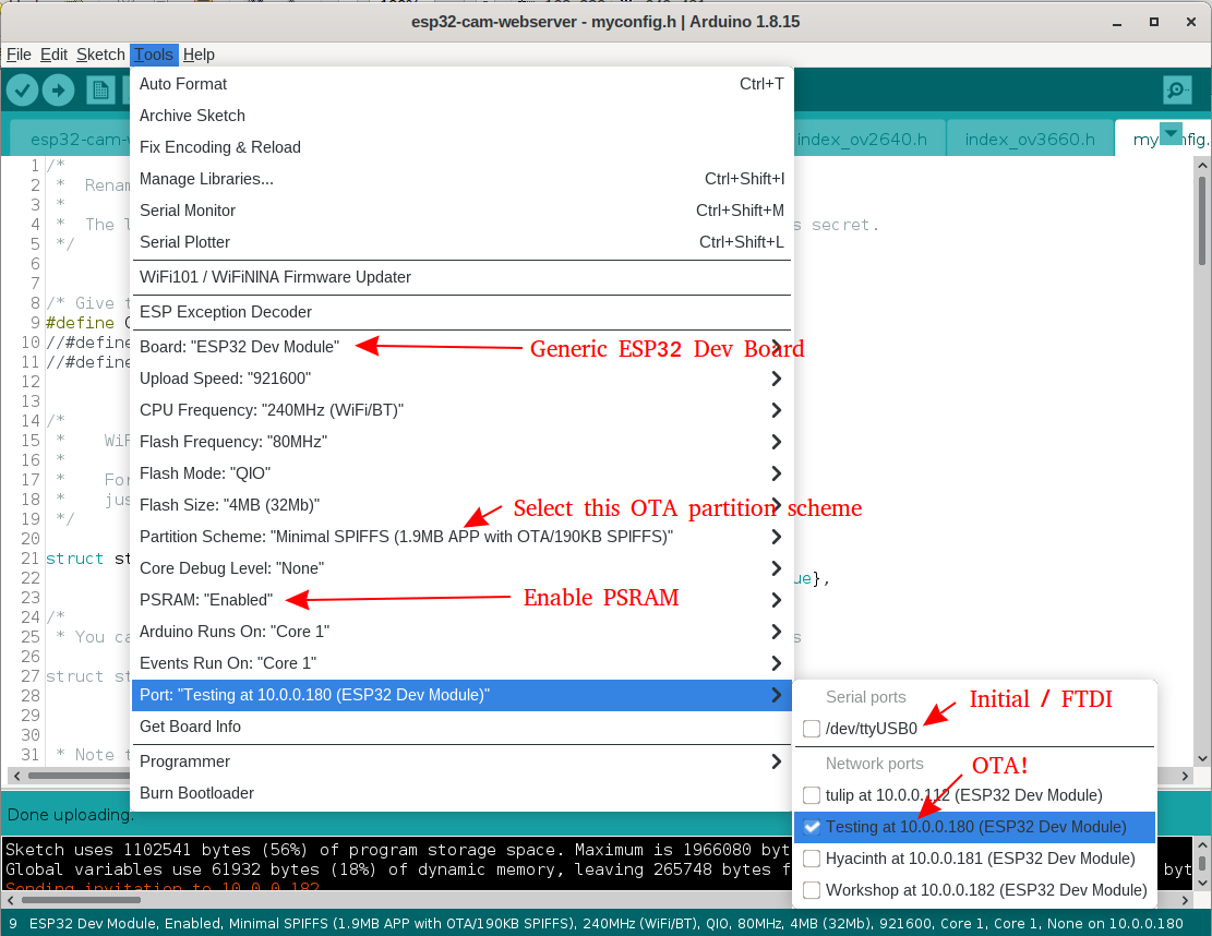 Arduino IDE board configuration: select ESP32 Dev Module, enable PSRAM, and choose the Minimal SPIFFS partition scheme.