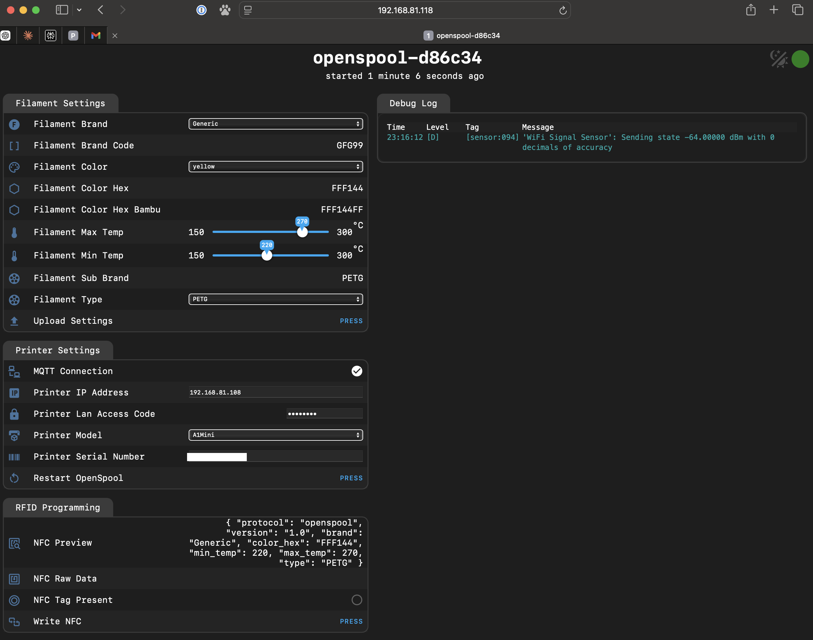 OpenSpool web interface confirming a live MQTT connection to the Bambu printer