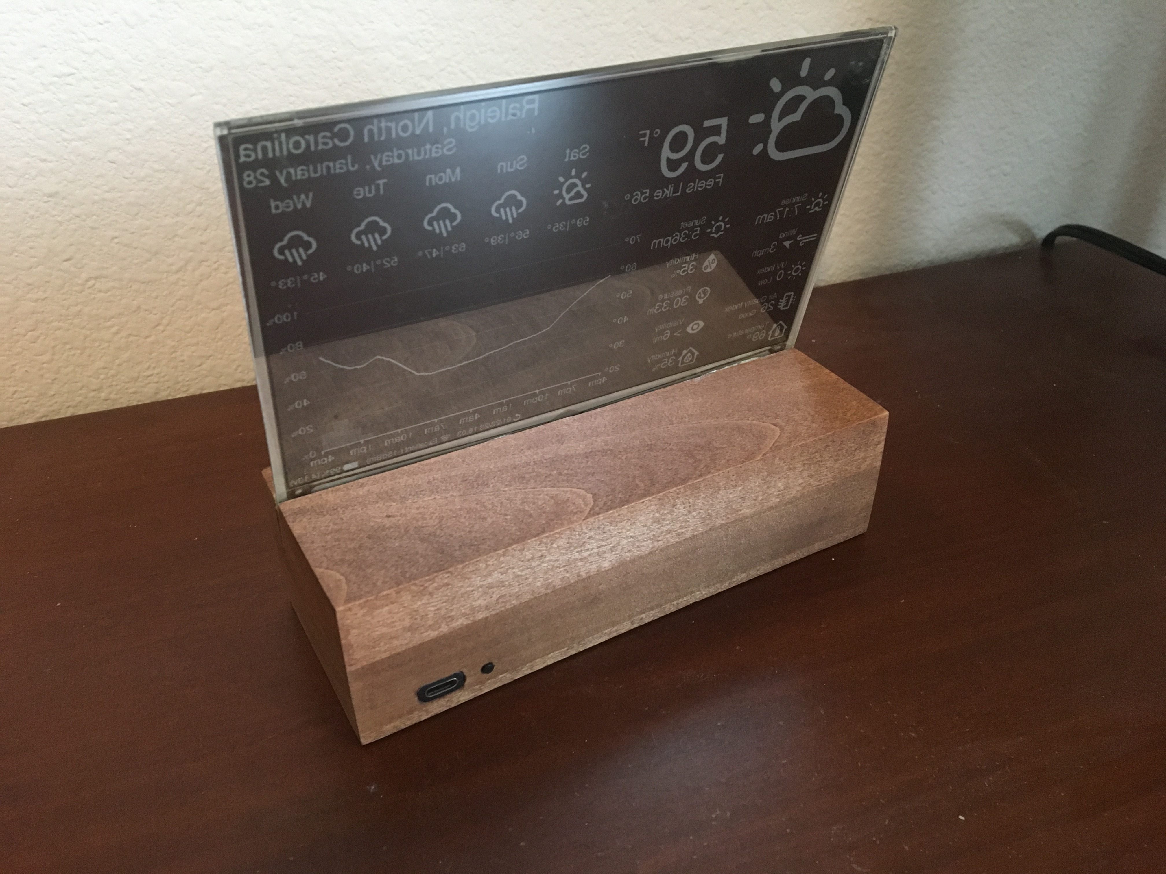 Back of the enclosure showing the FireBeetle ESP32-E, battery, and USB-C charging port.