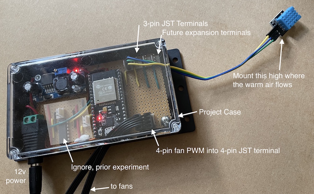 Assembled fan controller mounted on perfboard inside a case
