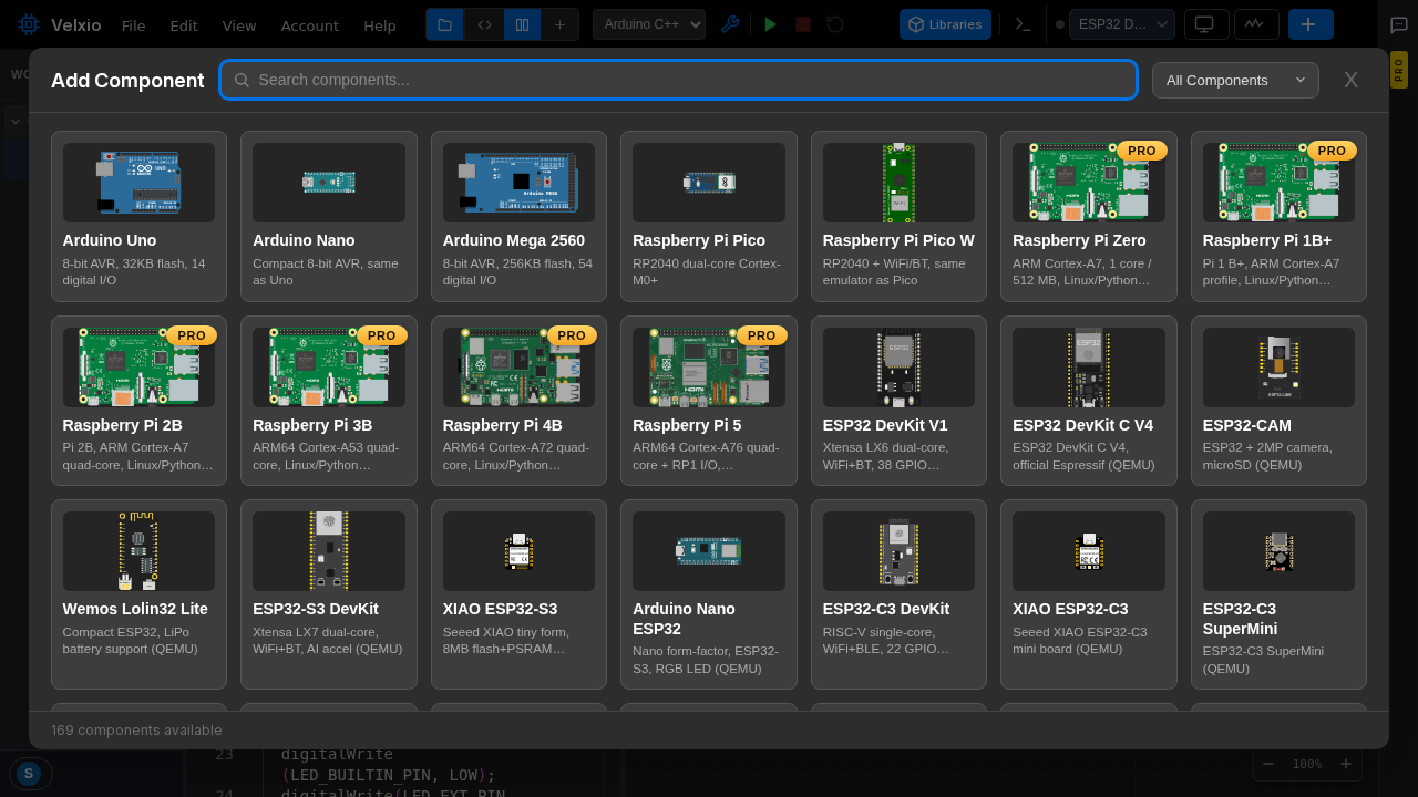 The component picker showing boards and modules with search and category filters across a catalog of 150+ parts.