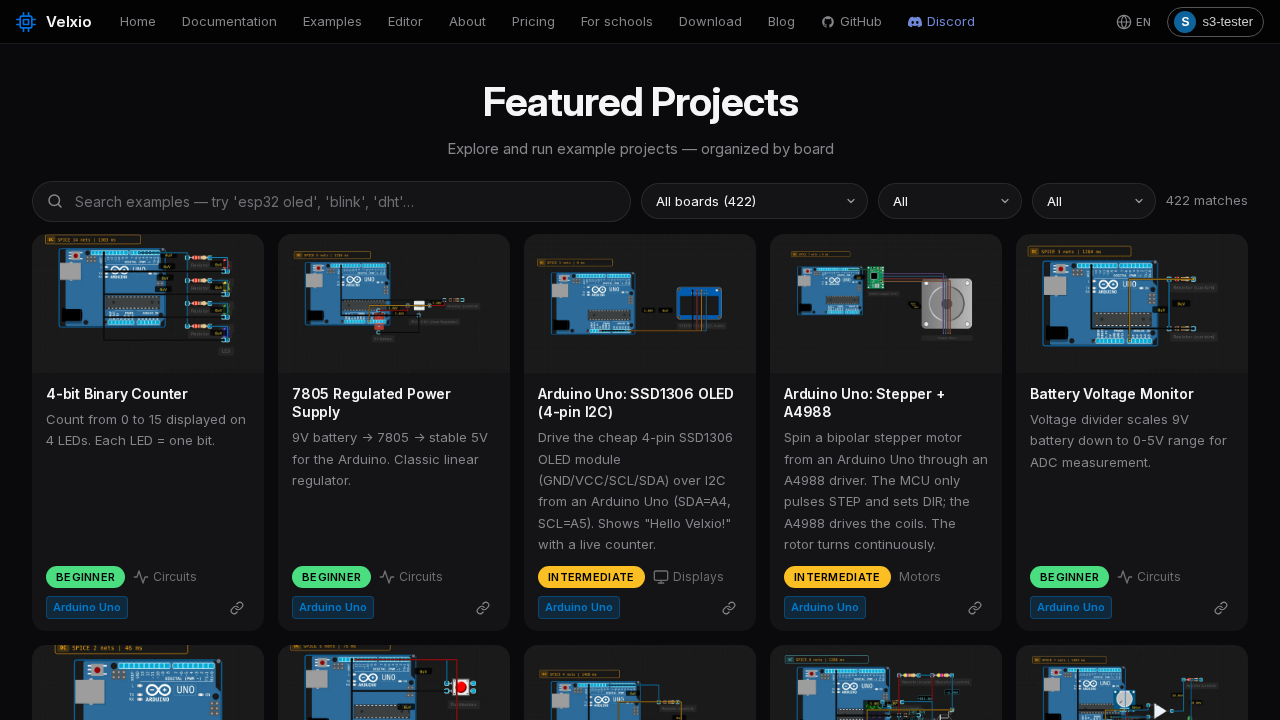 The examples gallery with more than 400 ready-to-run projects filterable by board, difficulty, and topic.