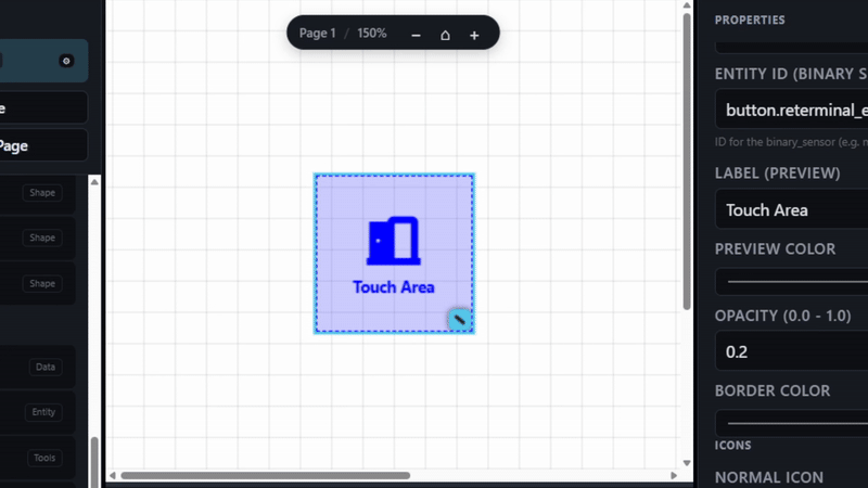 Touch-interactive icon areas that trigger Home Assistant actions from the display