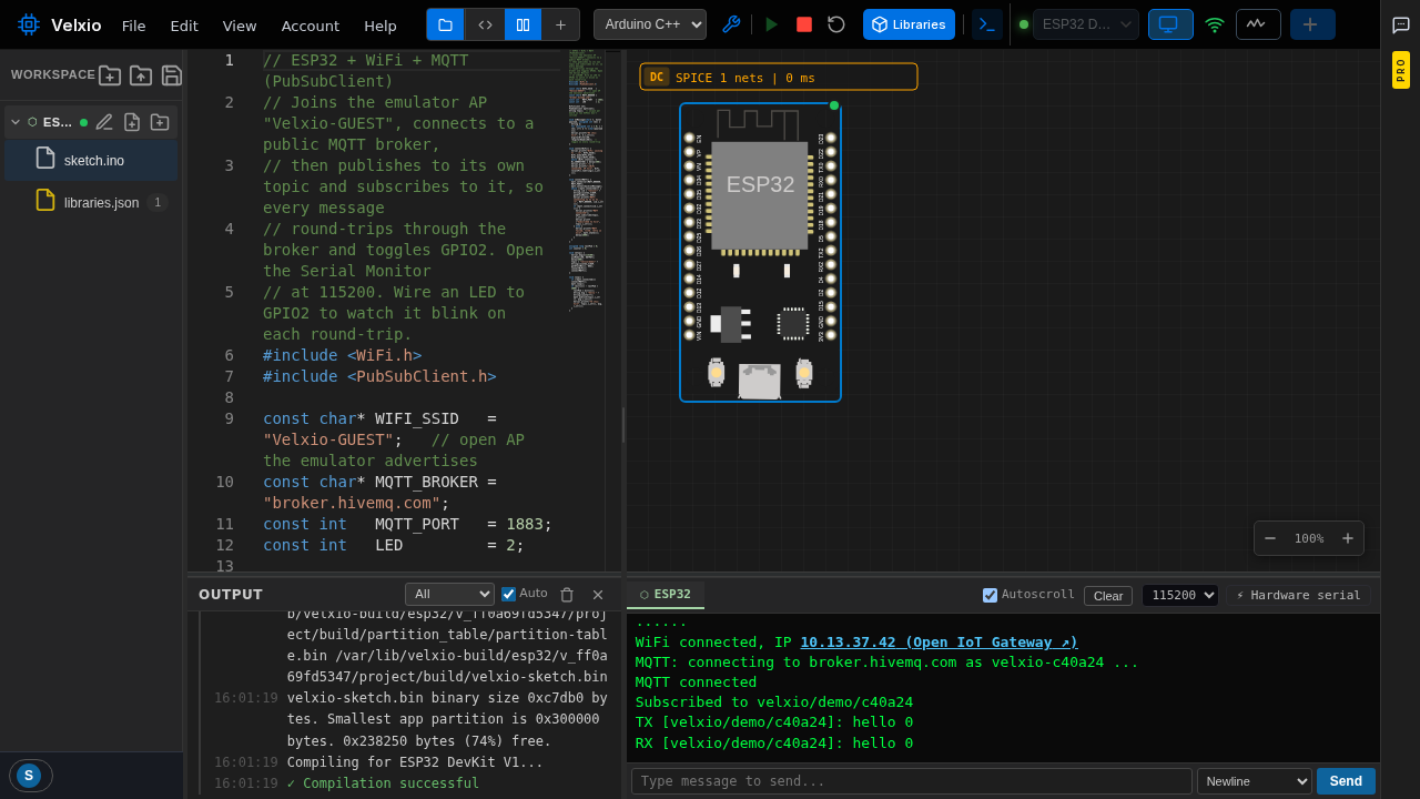 Emulated WiFi on ESP32 — the board joins a virtual access point and publishes messages through a public MQTT broker.