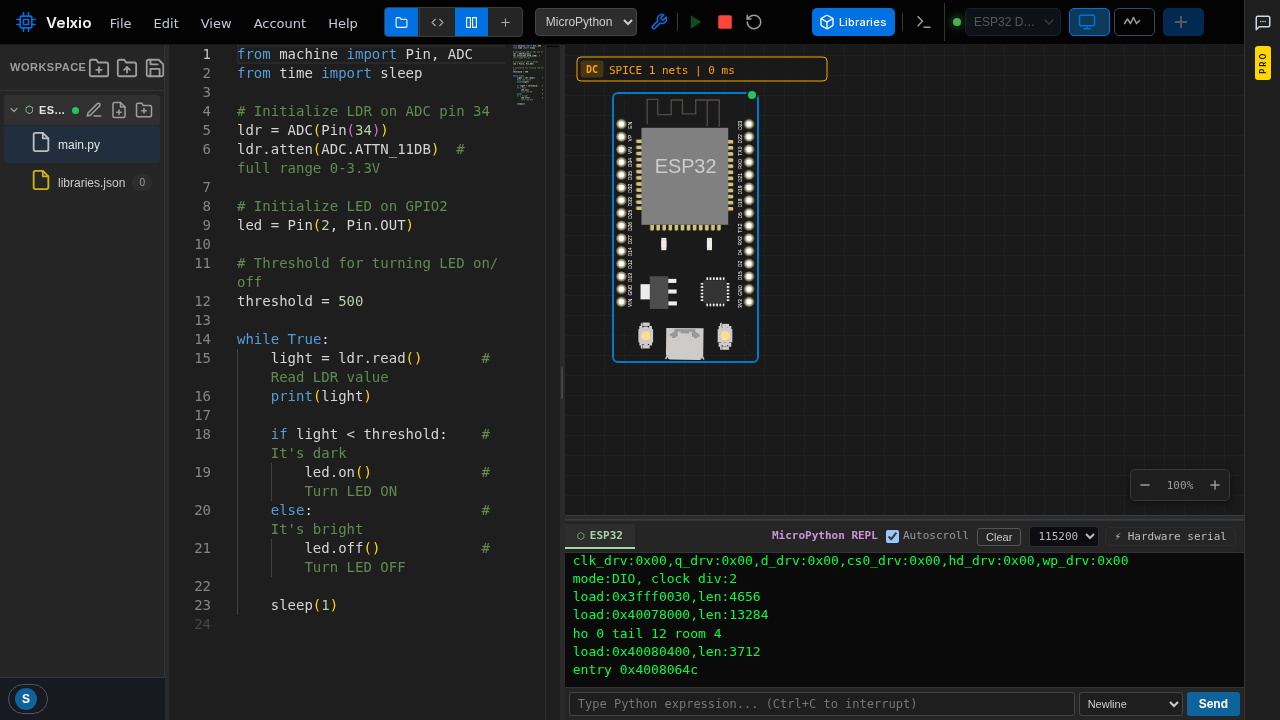 MicroPython running on an ESP32 with the REPL live in the terminal panel.