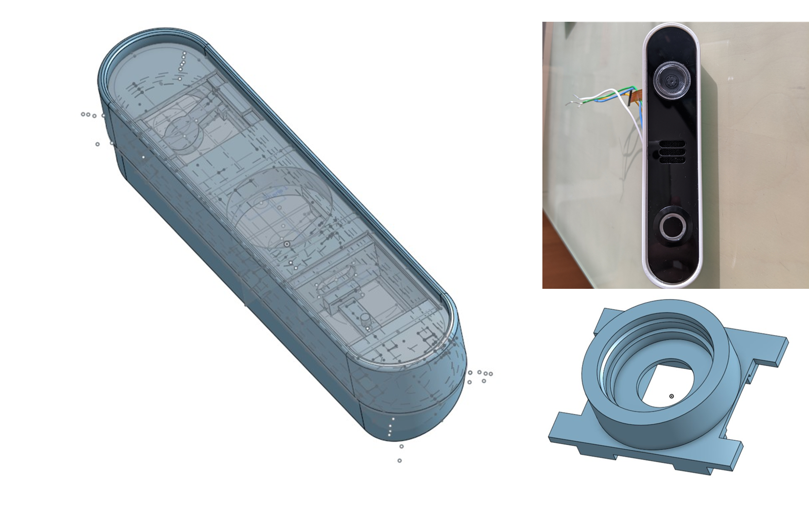 3D printed housing components, acrylic bezel, and mechanical parts laid out before assembly.