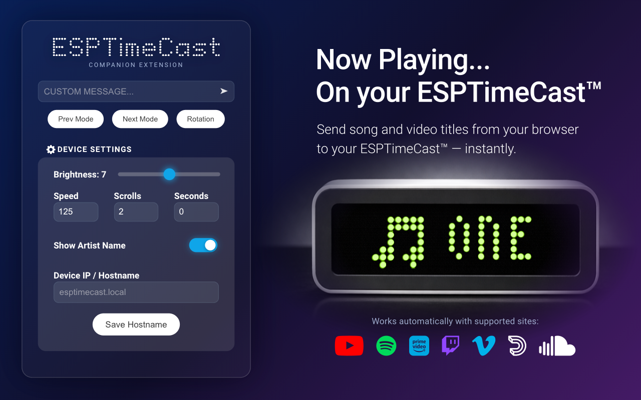 The ESPTimeCast Companion browser extension lets you send messages, control brightness, and scroll now-playing titles from a popup.