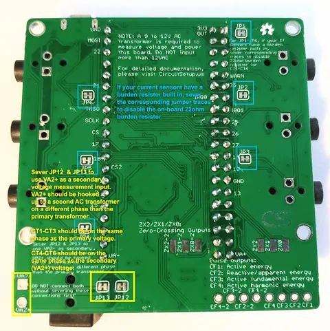 Back of the main board v1.4 showing burden resistor jumpers JP1–JP6 and voltage jumpers