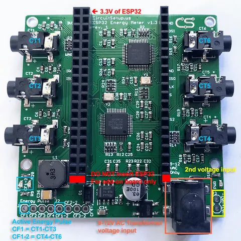 Main board connection diagram showing CT inputs, voltage reference, and ESP32 header