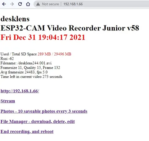Main web status page showing disk space, Wi-Fi signal, and recording controls.