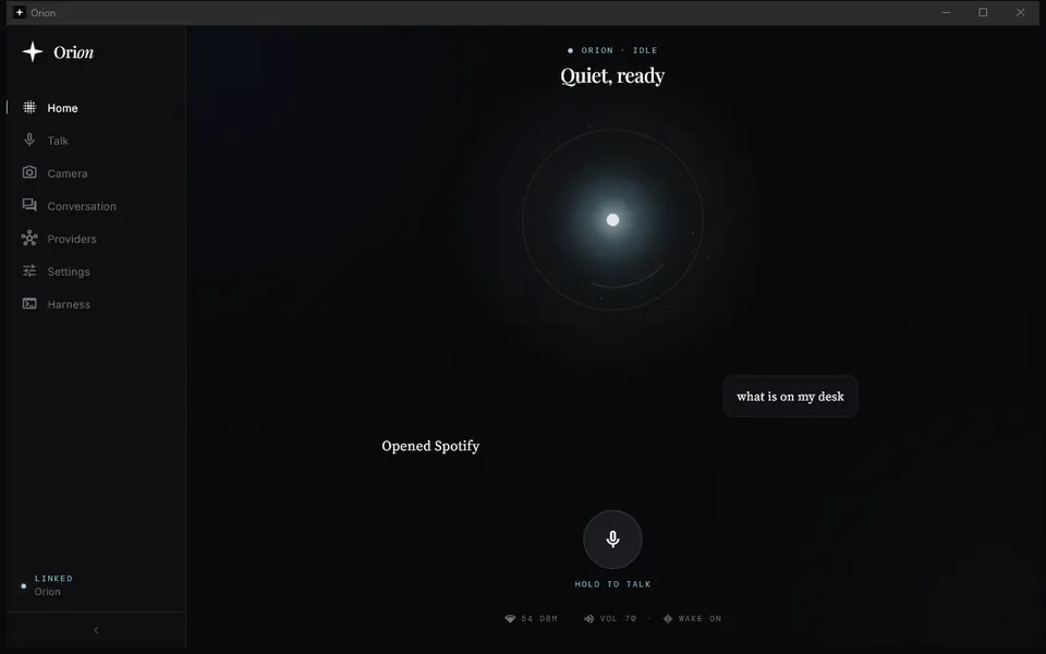 Orion app home screen on Windows showing the orb and last exchange
