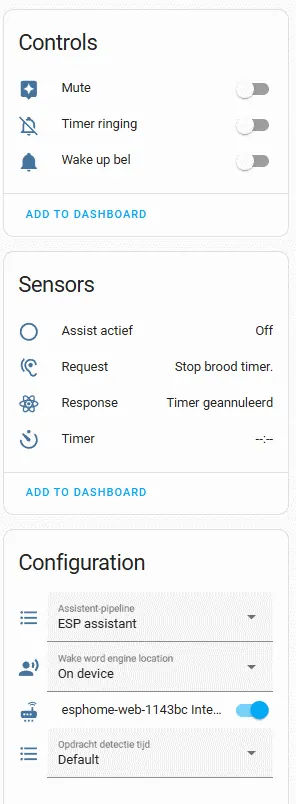 All ESP-Assistant entities as they appear on the Home Assistant device page