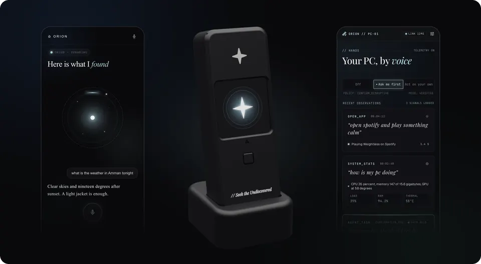 The Orion app on a phone, the board in its printed case, and the PC control screen