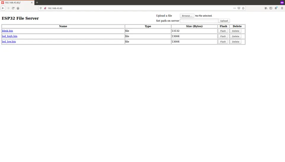 Browser-based file server interface showing uploaded .bin files with flash and delete links