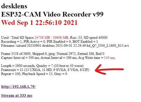 v99 web status page showing camera viewfinder, recording status, and control links.