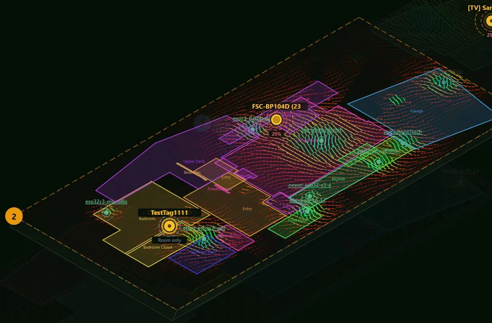 3D overview with RSSI heatmap crosshatch overlay and live device positions