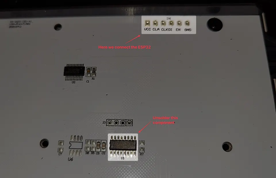 Close-up of the wiring connections soldered to the LED panel edge connectors
