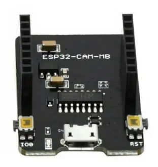 The ESP32-CAM-MB piggyback board, which adds a USB port and IO0 button for easier flashing.