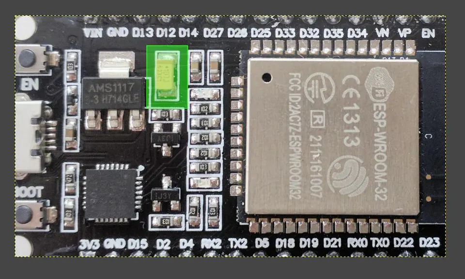 Top view of the DOIT ESP32 DevKit V1 development board with the ESP32-WROOM module visible