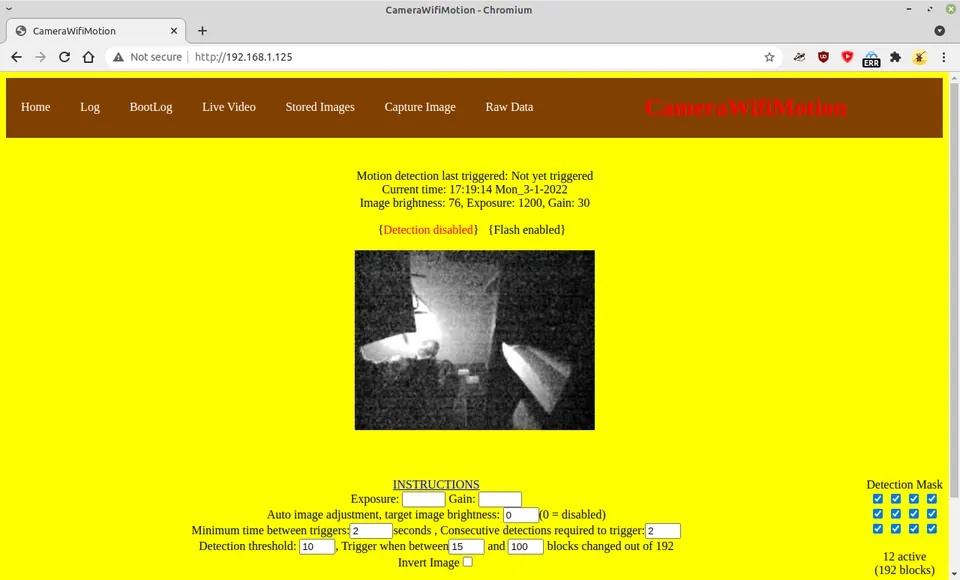 The main web interface showing live motion detection readings, threshold controls, and the detection mask grid.
