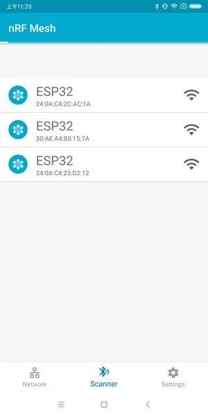 The nRF Mesh app Scanner view showing three unprovisioned ESP-BLE-MESH devices waiting to be added to the network.