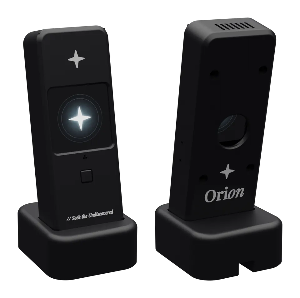 The 3D-printed Orion desk case, front and back, on its stand