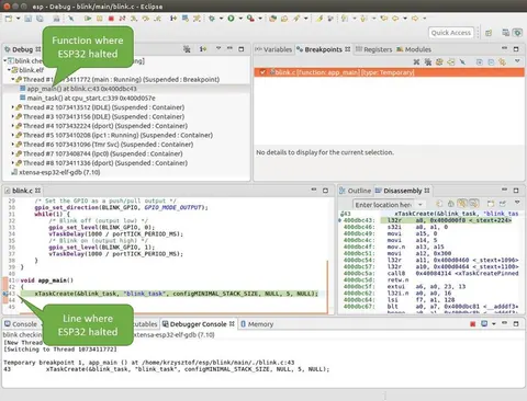 ESP32 target halted at breakpoint during JTAG debug session