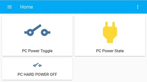 Home Assistant dashboard showing the three PC power control cards: power toggle, power state indicator, and force power off.