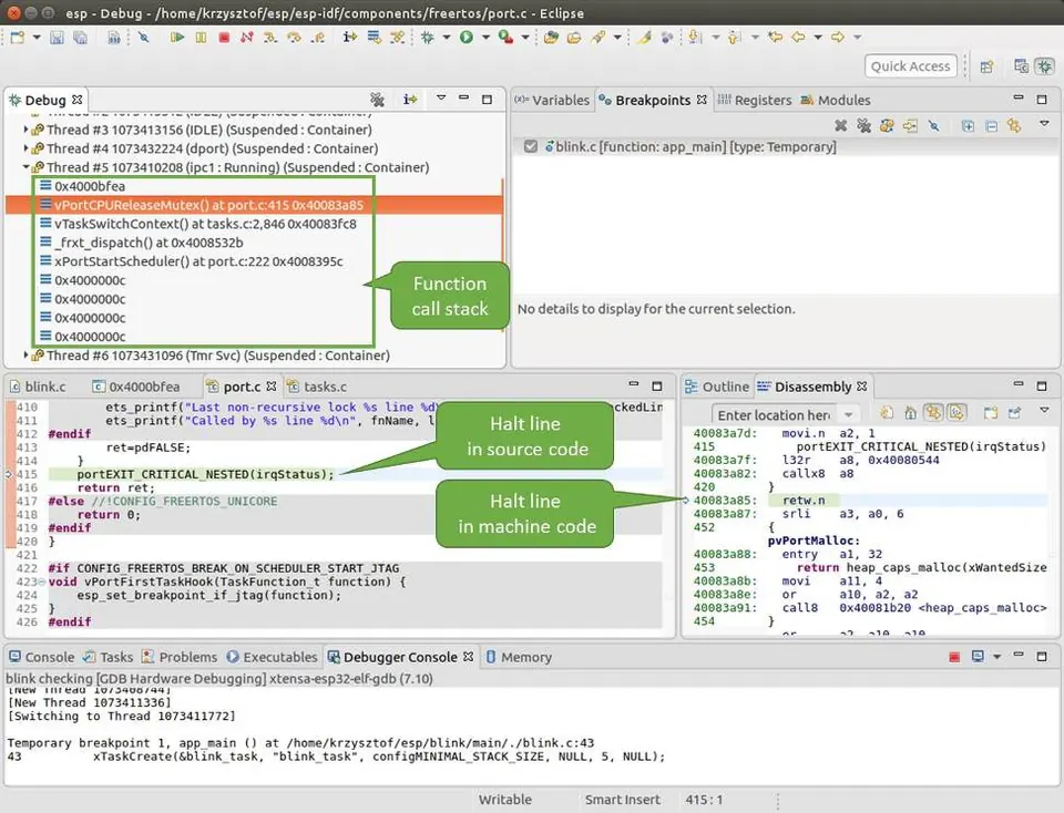 Navigating the call stack in Eclipse during ESP32 debugging