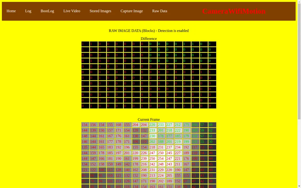 The secondary web page showing captured images stored in SPIFFS and camera status information.