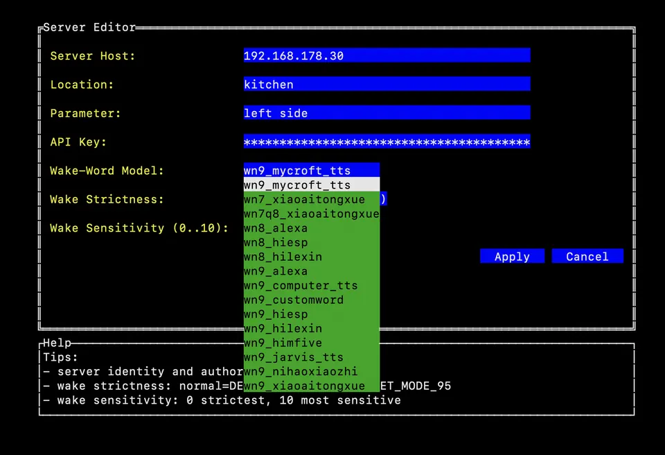 Detail view of the configuration parameter fields including location, sensitivity, volume, and wake detection mode.