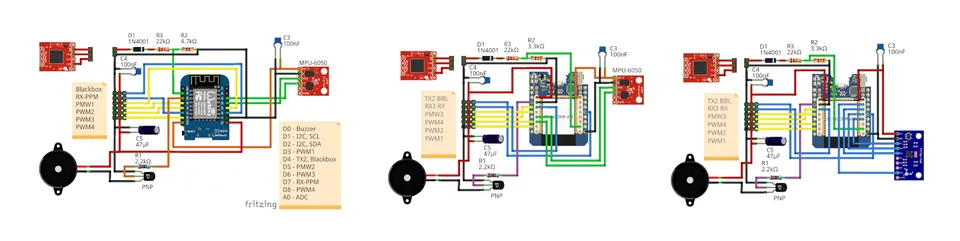 Combined wiring diagrams showing how to connect the gyro module, ESCs, RC receiver, power distribution board, and buzzer to the ESP32 flight controller.