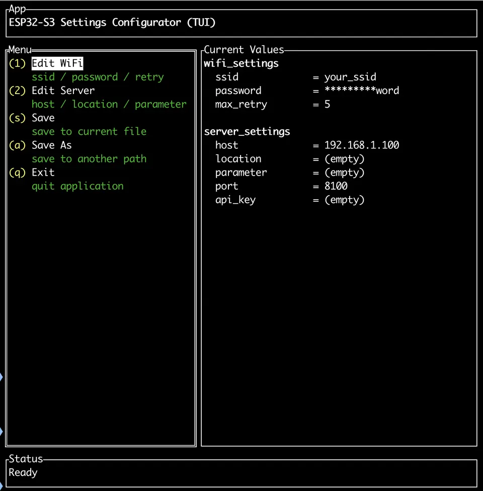 TUI configuration screen for entering Wi-Fi credentials, server host, API key, and wake-word settings.