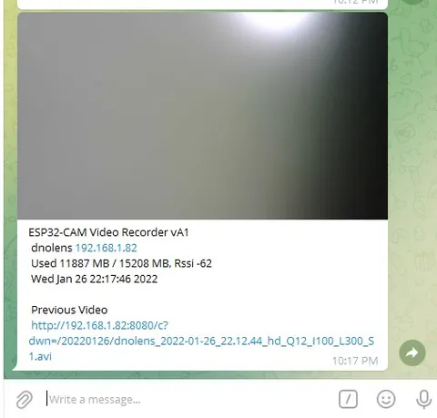 Telegram alert showing the first frame of a new recording, sent automatically when the bot is enabled.