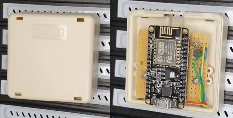 ESP8266 board mounted on a PCI slot bracket at the rear of the PC case, powered from the internal ATX USB header.