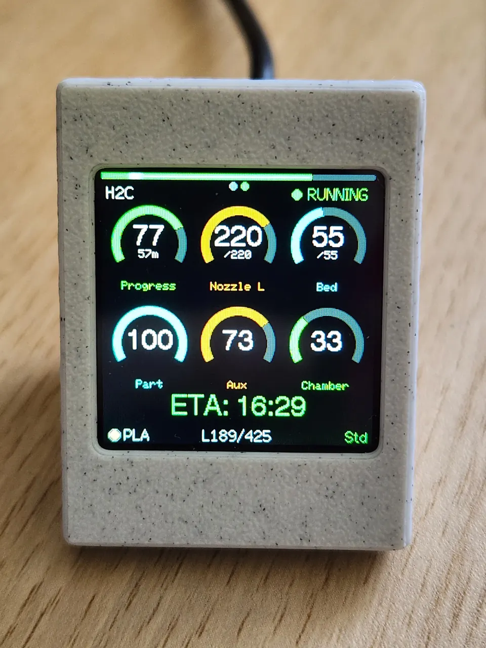 Live dashboard on the ESP32-S3 Super Mini with 1.54" ST7789 display showing print progress arc and temperature gauges