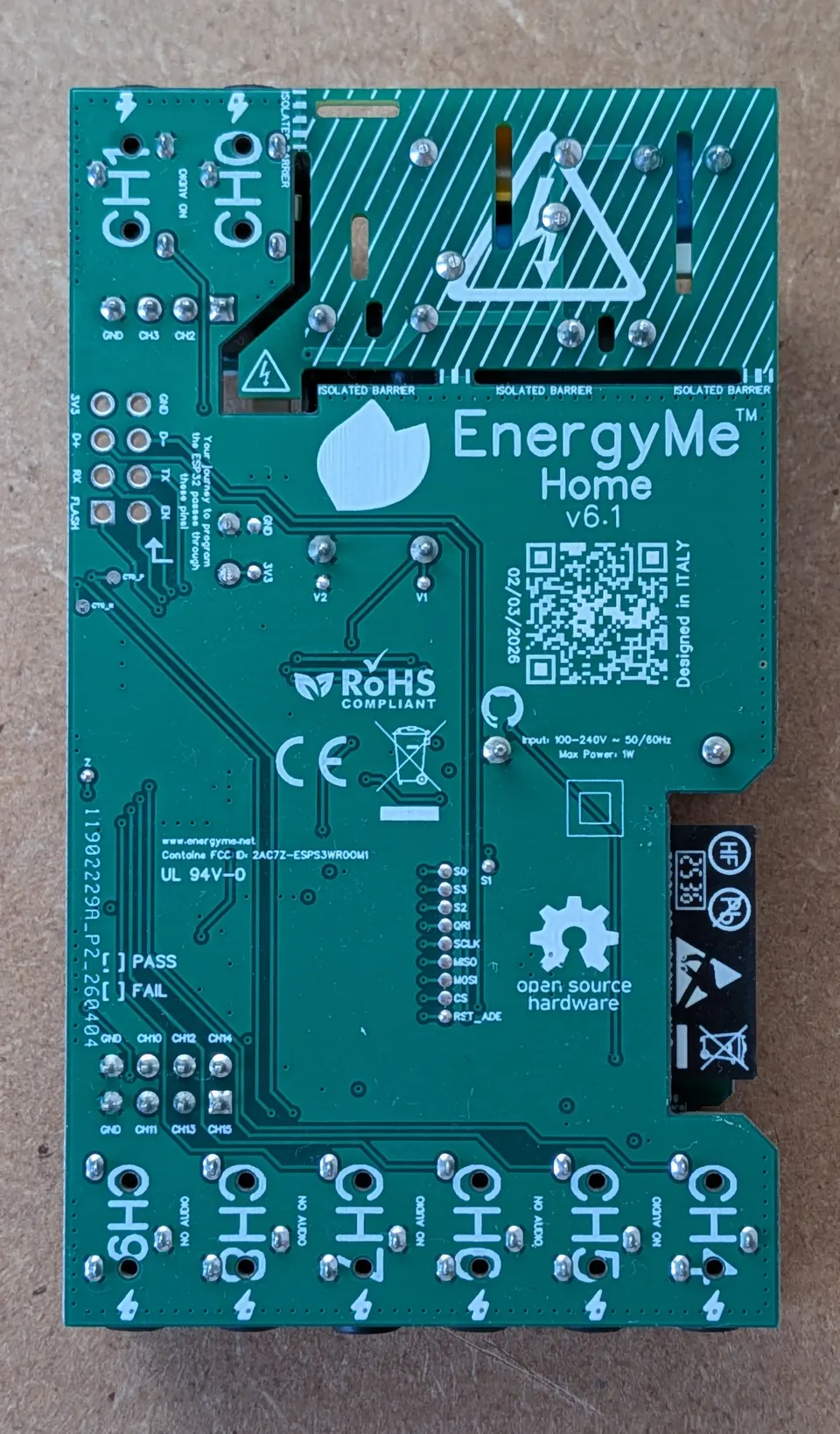 Populated EnergyMe-Home PCB — back side showing connectors and supporting components