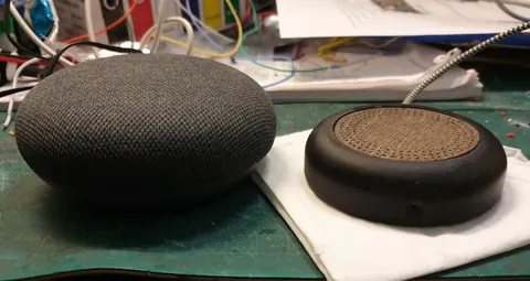 VoicePuck with dark perforated cover (right) shown next to a Google Home Mini (left) for size comparison