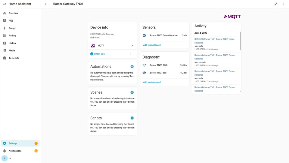 Batear entities displayed in a Home Assistant dashboard, with detection status and live RSSI/SNR diagnostics from each sensor node.