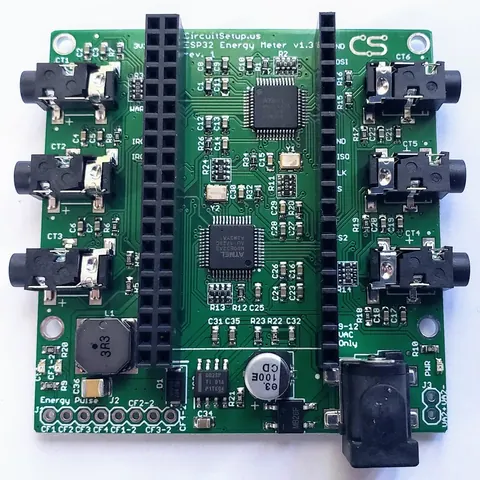 The CircuitSetup 6-channel ESP32 Energy Meter main board v1.3 with ATM90E32AS ICs and ESP32 header