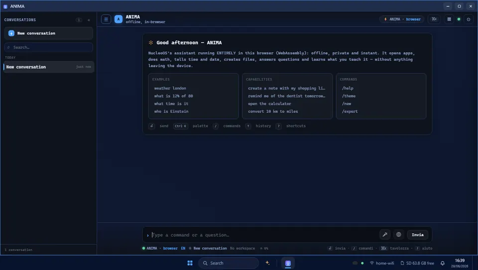 ANIMA offline AI assistant running in the NucleoOS browser shell