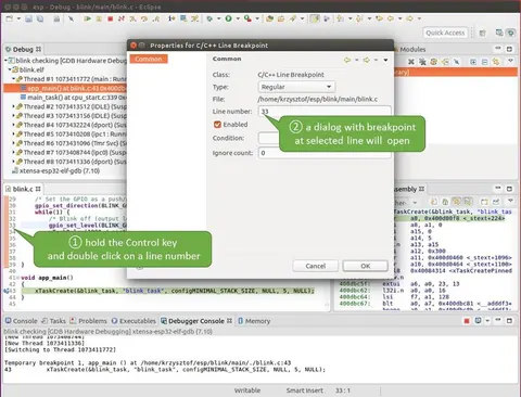 Setting a breakpoint in Eclipse for ESP32 firmware debugging