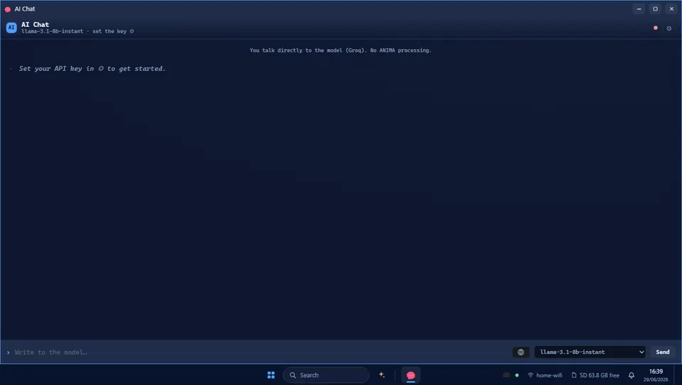 AI Chat connected to a cloud model (Groq shown) from the browser shell