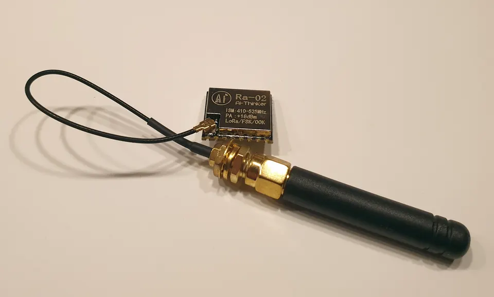 The Ra-02 LoRa module, a common SPI-based radio module used in ESP32 LoRa projects.
