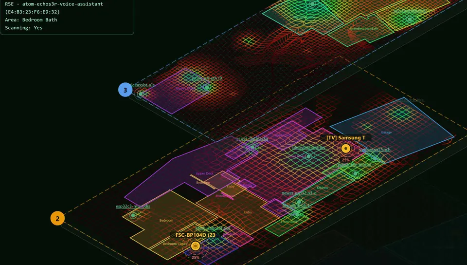 Live 3D isometric view with tracked devices across three floors simultaneously
