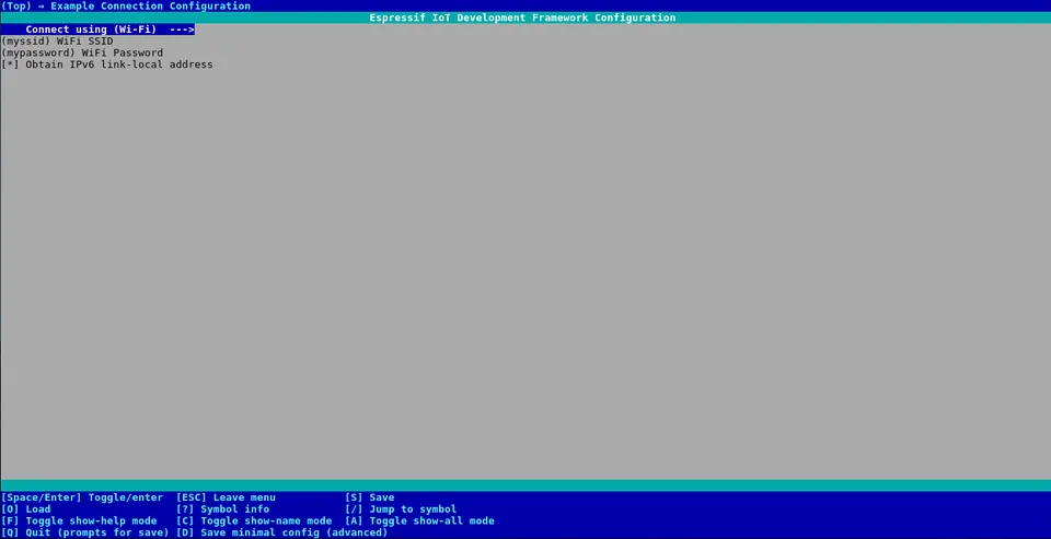 ESP-IDF menuconfig showing the Example Connection Configuration screen for entering Wi-Fi credentials