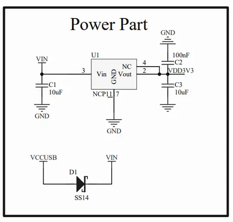Power supply schematic section of the DOIT ESP32 DevKit V1, showing the 3.3 V regulator and decoupling capacitor layout