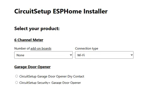 The CircuitSetup ESP Web Installer ready to flash ESPHome firmware over WebSerial