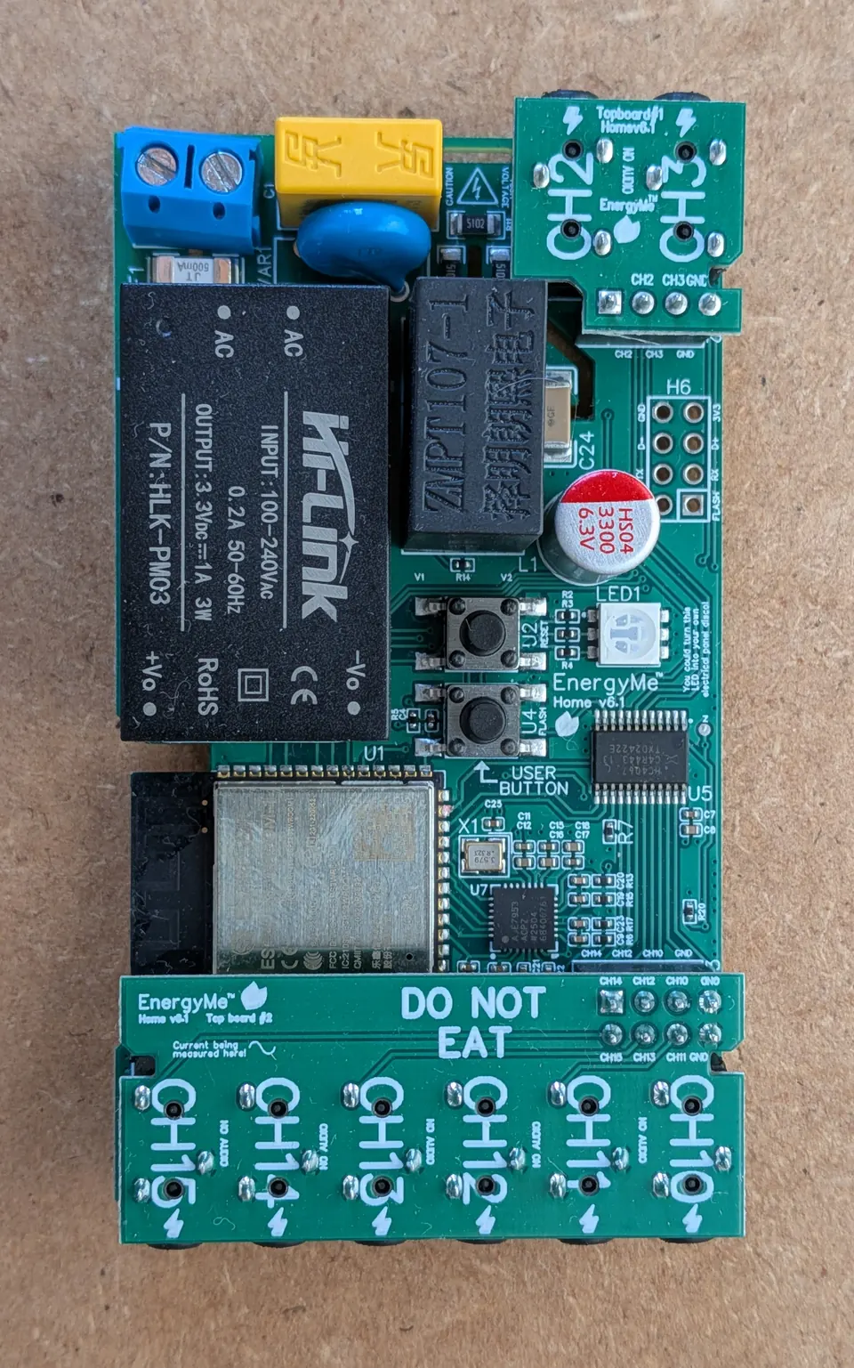 Populated EnergyMe-Home PCB — front side with ESP32-S3 and ADE7953